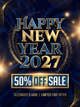 Happy new year 2027 fifty percent off sale banner with shiny gold and blue metallic typography and festive celebration graphics for holiday retail marketing promotion and event design