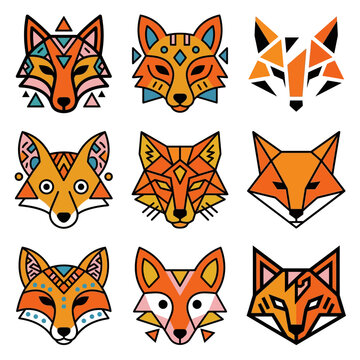 Assorted geometric fox head logos in orange and black.