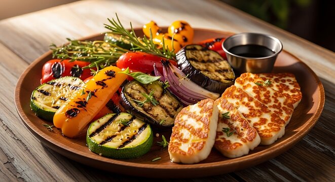 Delicious grilled cheese and colorful vegetables served on a warm wooden table during lunch time