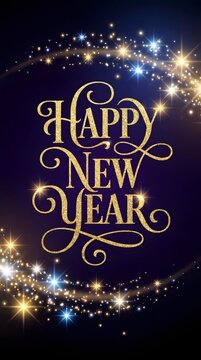 Happy new year gold text greeting card with glowing colorful sparkles and stars on a dark blue background for festive holiday celebration design and seasonal winter party invitations