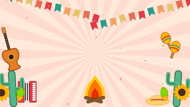 Festive Mexican Fiesta Background with Guitar Maracas and Campfire.