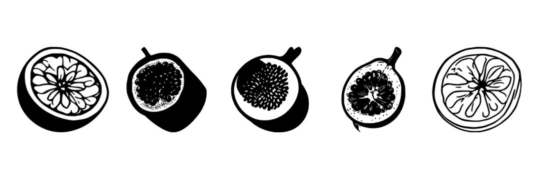 Passion fruit half set with pulp and seed detail, minimalist food art featuring passion fruit, seed, pulp with white background and illustration