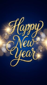 Happy new year gold glitter lettering text with glowing festive sparkles and bokeh lights on a dark blue background for holiday greeting card design and seasonal celebration party banner
