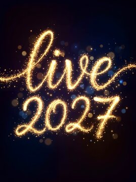 Shiny gold glitter text saying live 2027 with bright glowing sparkles and festive particles on a dark black background for a happy new year celebration party invitation design card