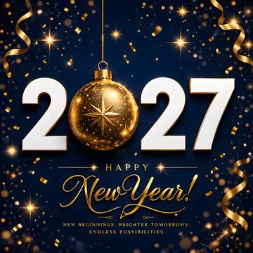 Happy new year 2027 greeting card design with a hanging golden christmas ornament bauble and festive confetti sparkles on a dark blue background for a holiday celebration poster