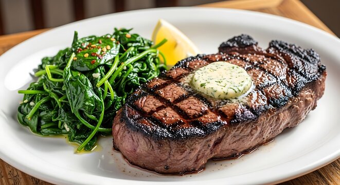 Juicy grilled beef ribeye served with melting butter and fresh green spinach leaves on round plate