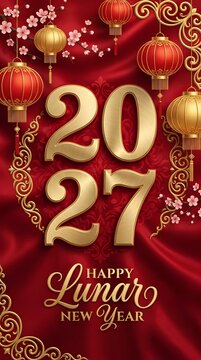 Happy lunar new year 2027 greeting card design with golden numbers and traditional red chinese paper lanterns hanging on a dark red festive background with ornate decorative frames