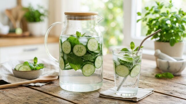 Refreshing infused water in large glass pitcher with cucumber slices and fresh mint leaves on rustic wooden table indoor kitchen.