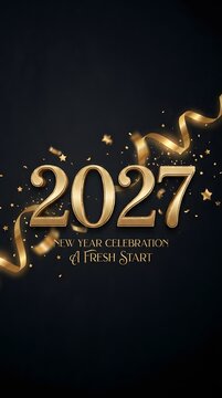 Golden 2027 new year celebration design with shiny ribbons and sparkles on a dark background for festive greeting cards and holiday event posters
