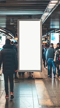Blank digital billboard in busy subway station corridor, surrounded by commuters in winter coats, offering prime advertising space in urban transit.