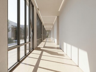 Fototapeta premium Modern Office Building Hallway with Sunlight Filtering Through Windows