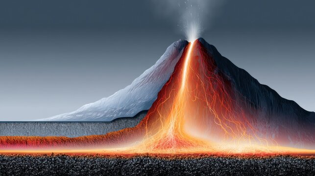 Diagram of a volcano erupting with lava flowing and ash rising into the sky. The cross-section shows the magma chamber beneath the earth's surface