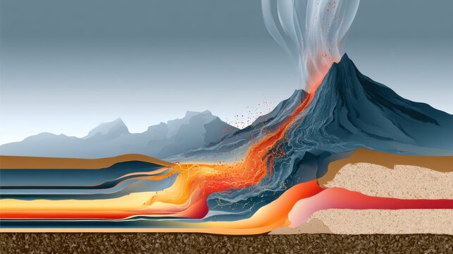 A cross-section illustration of a volcano erupting, showing lava flows, magma chambers, and geological strata, with smoke billowing into the sky