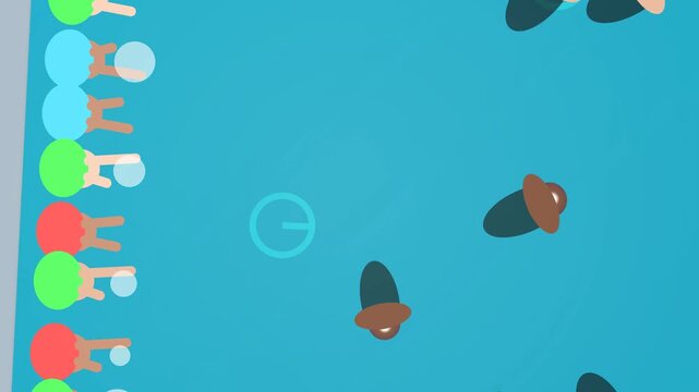 Top view flat animation of a crowded swimming pool in summer with people swimming and relaxing on colorful floating tubes like flamingos and donuts