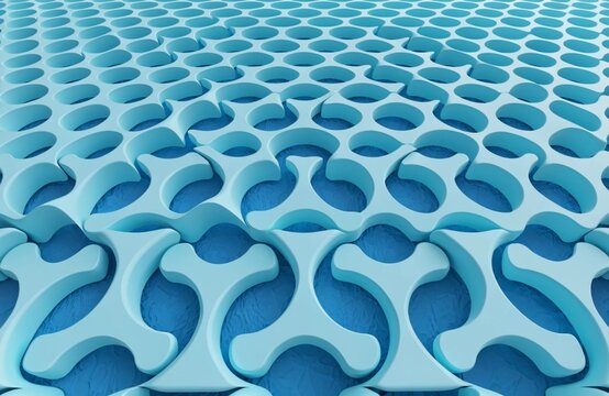 Perspective 3D render of infinite light blue interlocking tri-star modular grid extending to horizon on vibrant blue surface, abstract geometric pattern concept, generative AI