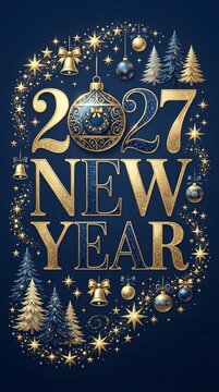Happy 2027 new year greeting card design with gold numbers and festive holiday ornaments like baubles and pine trees on a dark blue background for winter celebration party poster