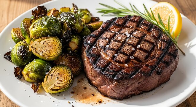 Delicious grilled beef steak served alongside roasted green vegetables on a round ceramic plate with herbs and fresh citrus fruit ready for dining during lunch hours at a restaurant table