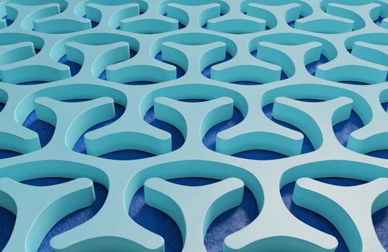 Isometric 3D render of light blue interlocking three-pronged modular shapes on textured royal blue surface, abstract geometric pattern concept, generative AI