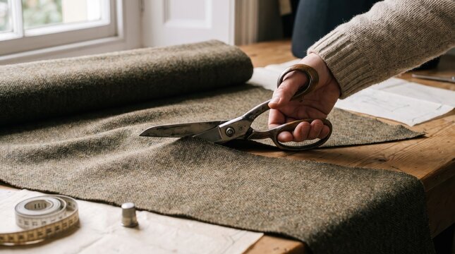 Tailor cutting brown tweed fabric with vintage scissors on a wooden workshop table for bespoke tailoring and handmade clothing design