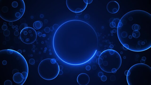 Blue glowing bubble floating transparent spheres, neon rim light, and soft dark depth. science , water themes, clean titles, futuristic loops, calm overlays, product screens, modern motion backdrops.