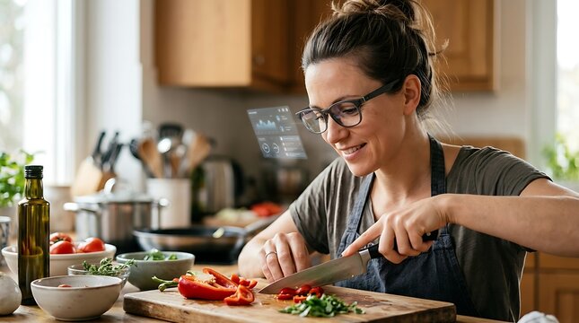 Woman using smart glasses while cooking healthy food in kitchen