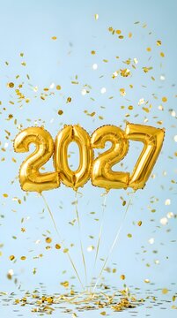 Shiny gold foil balloons in the shape of the year 2027 floating with festive glittery confetti falling down against a bright light green background for a happy new year celebration