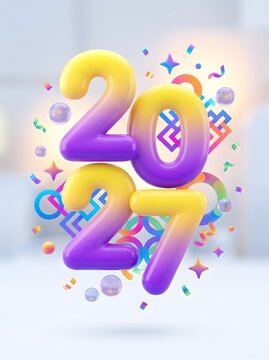Colorful 3d numbers 2027 with festive party confetti and bright geometric shapes for a happy new year celebration greeting card design featuring a vibrant gradient yellow and purple style