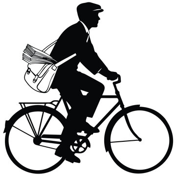 Newspaper delivery man riding bike vector silhouette line art, delivering mail and news.