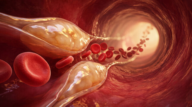 Two cholesterol plaques narrowing the lumen of a human artery while red blood cells continue flowing through the remaining bloodstream in a realistic medical visualization.