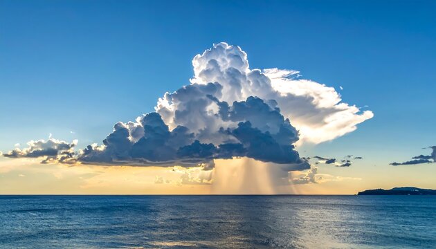Dramatic Sunlit Cumulonimbus Cloud with Rain Shaft Over the Ocean