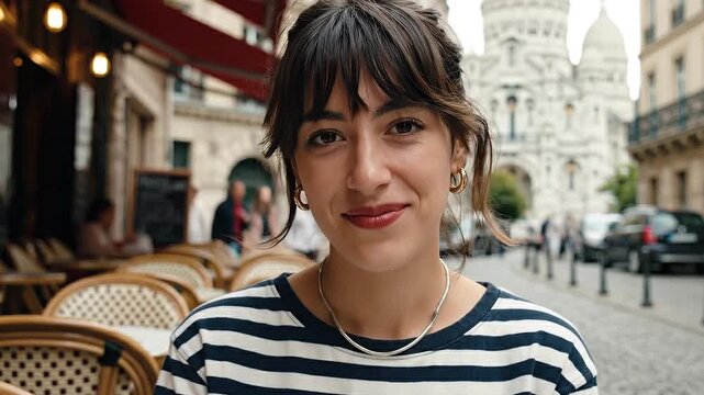 Smiling Young French Woman Sitting at Outdoor Cafe in Paris