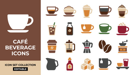 Obraz premium Coffee and tea beverage icon set featuring cafe menu items