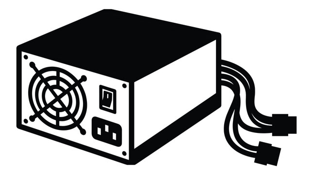 Black and white vector illustration of computer power supply unit showing rear panel view with cooling fan and power cable ports.