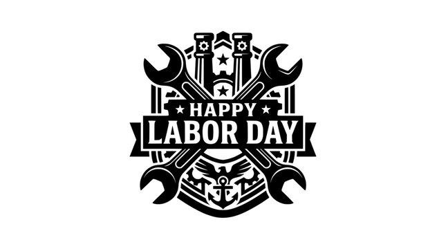 Vintage Happy Labor Day emblem with crossed wrenches, industrial worker celebration badge, black and white patriotic holiday vector graphic