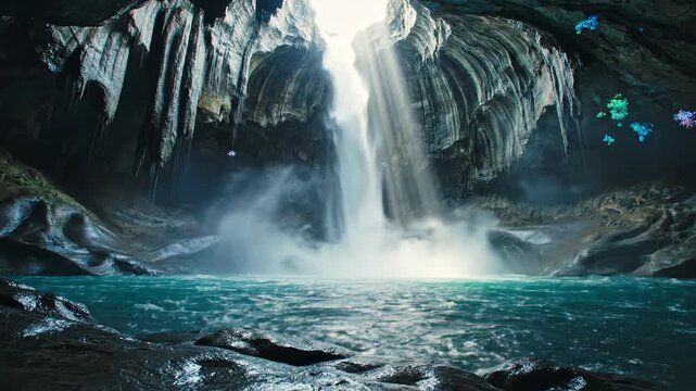 Cinematic view of a massive waterfall plunging through a cavern ceiling into a turquoise pool, featuring dramatic light rays, heavy mist, stalactites, and glowing rock formations.