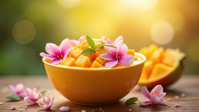 Vivid tropical mango smoothie bowl with dragon fruit and flowers rotating slowly, summer healthy food