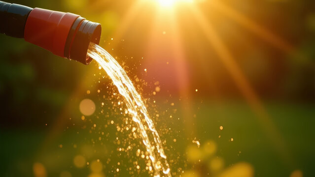 Garden hose water arc sparkling in golden summer sunlight, rainbow forming in mist, glowing green bokeh garden
