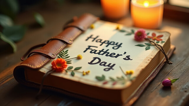 Macro vivid leather-bound journal with pressed flowers and handwritten Happy Father's Day inscription