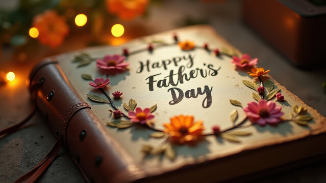Macro vivid leather-bound journal with pressed flowers and handwritten Happy Father's Day inscription