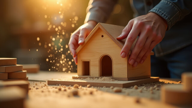 Strong father hands building wooden toy house, sawdust falling in golden light, craft Father's Day