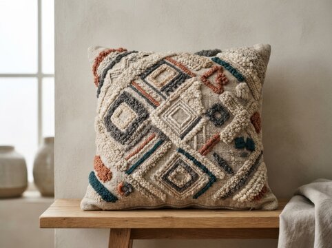 Textured Pillow with Geometric Patterns on Wooden Bench by Window Light