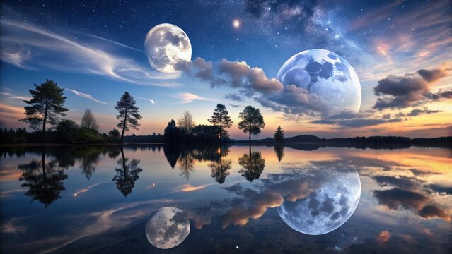 A serene night sky with large moons wispy clouds and silhouetted trees frames a peaceful lakes tranquil reflection