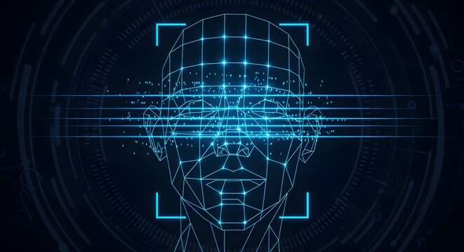 Biometric facial recognition wireframe head scanning technology blue cybersecurity