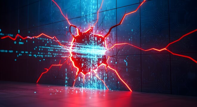 Network security breach red cracks digital wall data leak cybersecurity threat