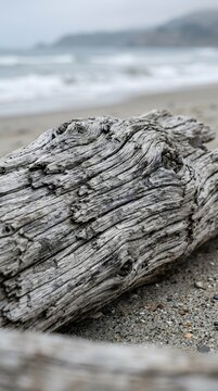 Weathered driftwood on sandy beach. Close-up of grey textured wood log by the ocean.