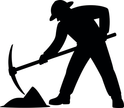 Black silhouette vector illustration of a strong industrial worker digging dirt with a heavy pickaxe for construction or mining projects