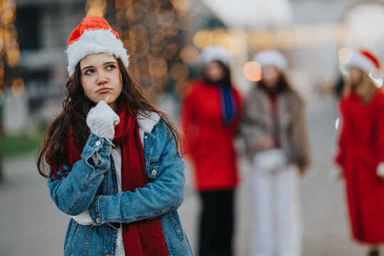 A teen girl wearing a Santa hat and denim jacket looks thoughtful while standing outdoors. She pauses in front of blurred friends and festive lights during a winter outing.