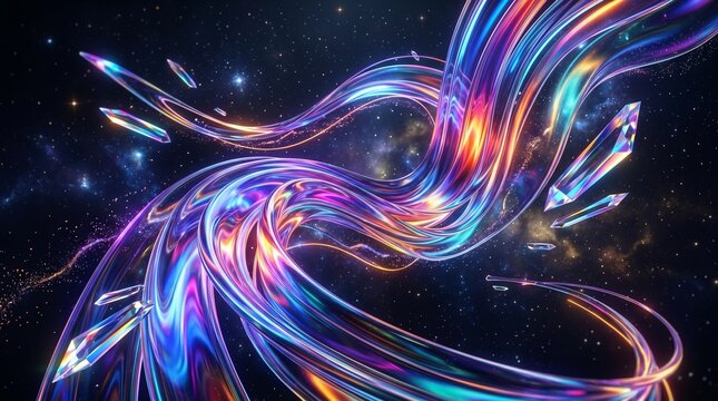 Abstract neon pattern vibrant swirls and crystal shapes in a cosmic galaxy