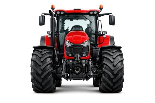 Red tractor front view on white background.