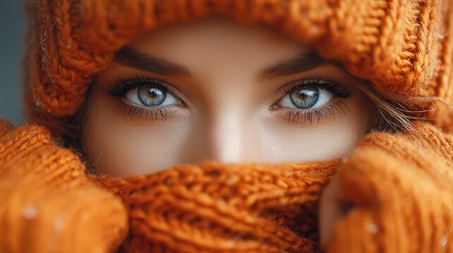Close-Up of Young Woman with Big Blue Eyes in Orange Knitwear